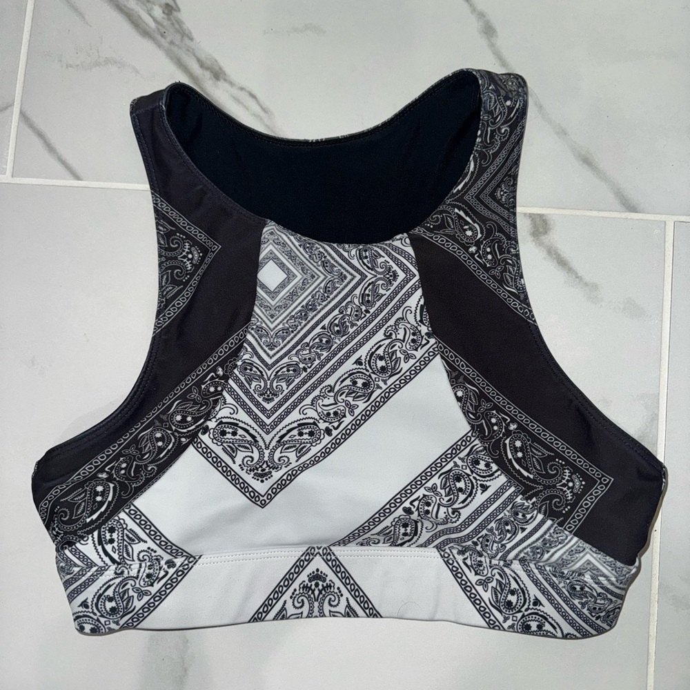 5/$25 Arcadia Movement Black and White Paisley Sports Bra Bandana Print